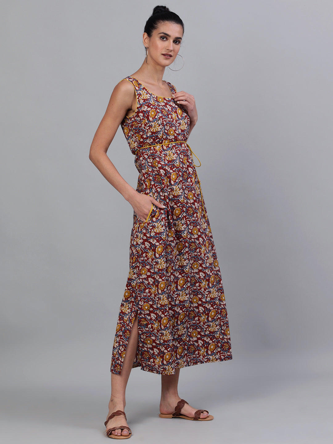 Women's Maroon Floral Print High Slit Maxi Dress - Aks