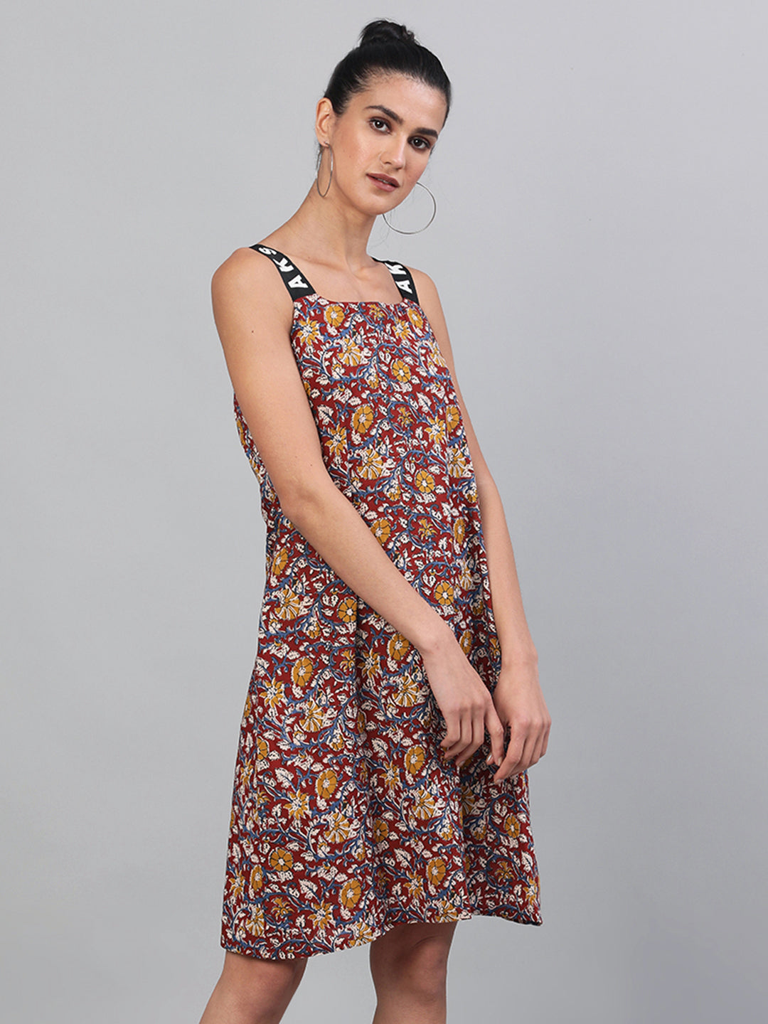 Women's Maroon Floral Print A-Line Dress - Aks