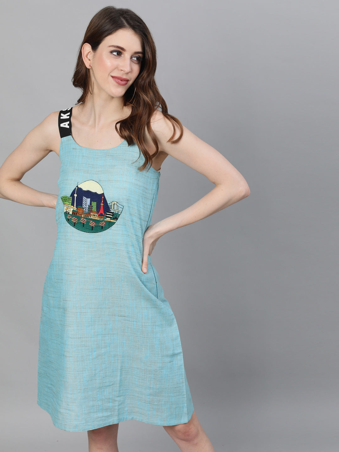 Women's Blue Textured Sleeveless Sheath Dress With Embroidery - Aks