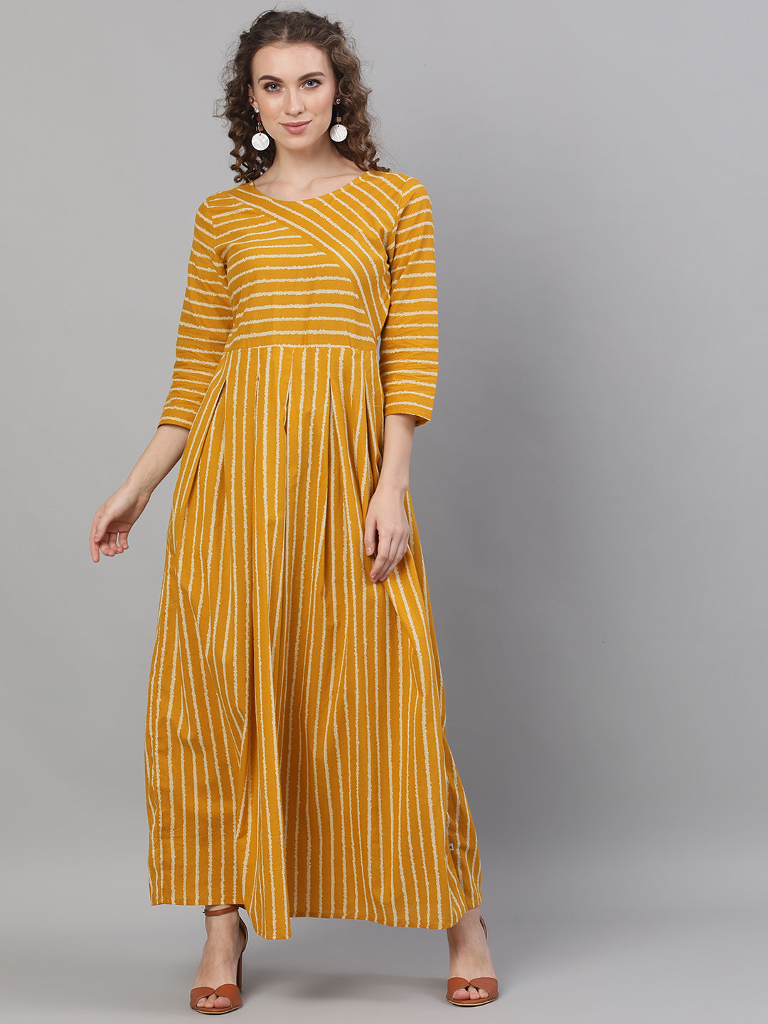 Women's Mustard Striped Box Pleated Maxi Dress - Aks