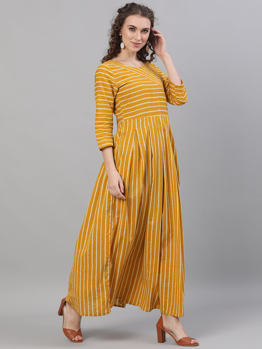 Women's Mustard Striped Box Pleated Maxi Dress - Aks