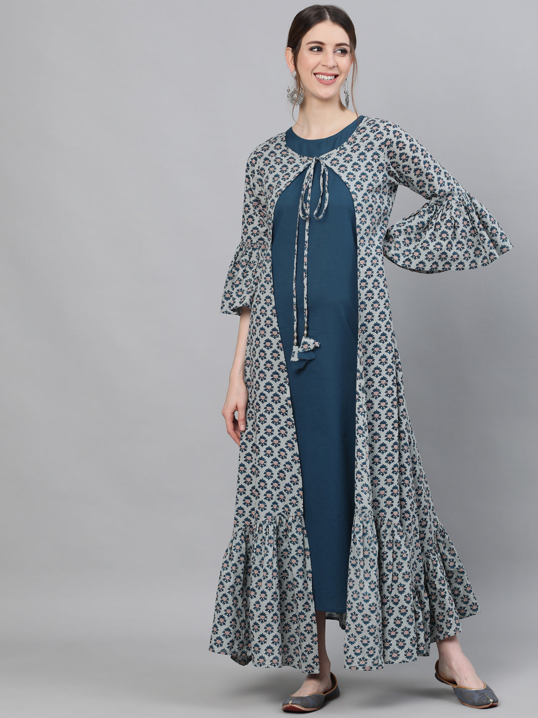 Women's Blue Printed Double Layered Maxi Dress - Aks