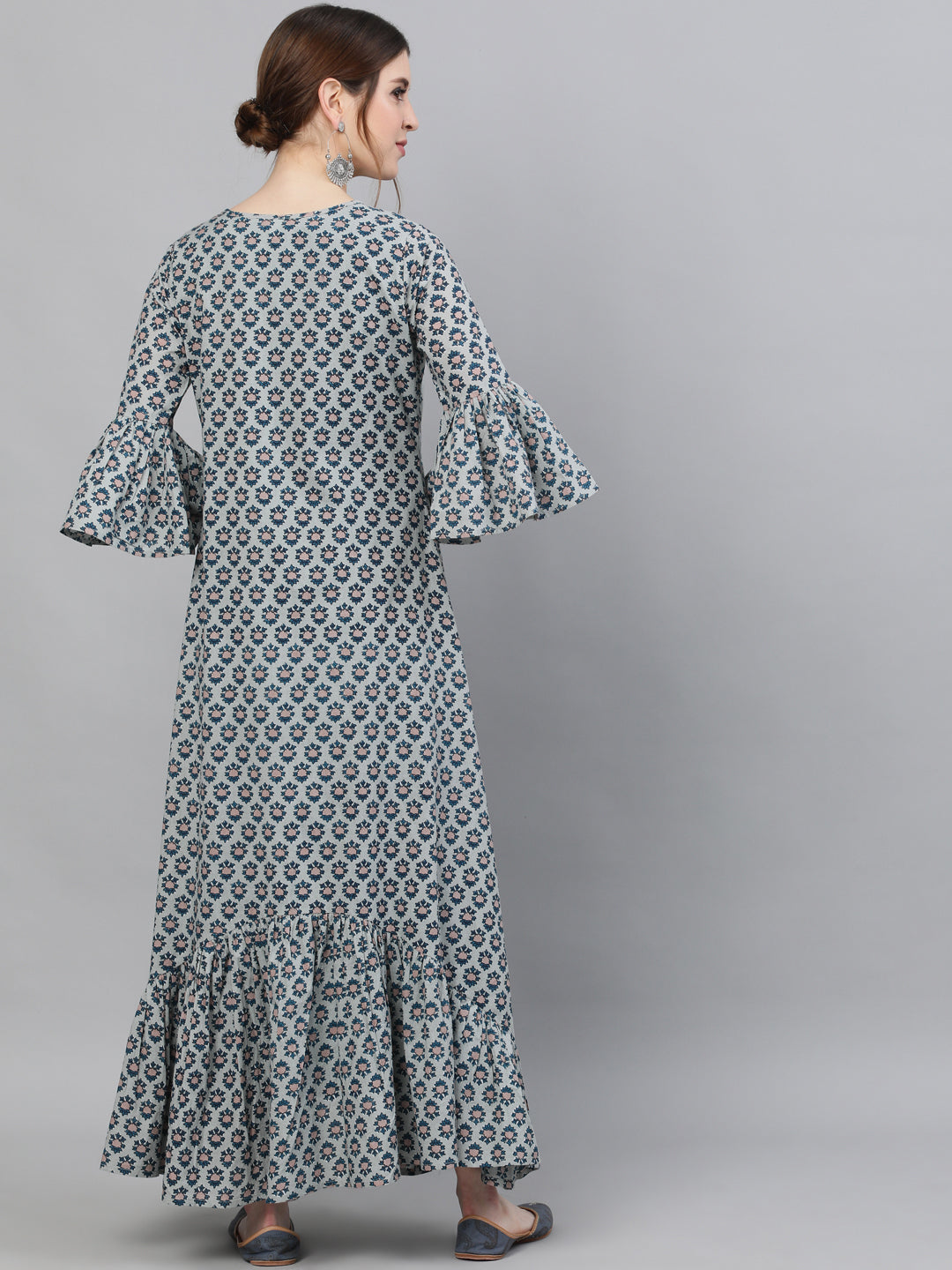 Women's Blue Printed Double Layered Maxi Dress - Aks