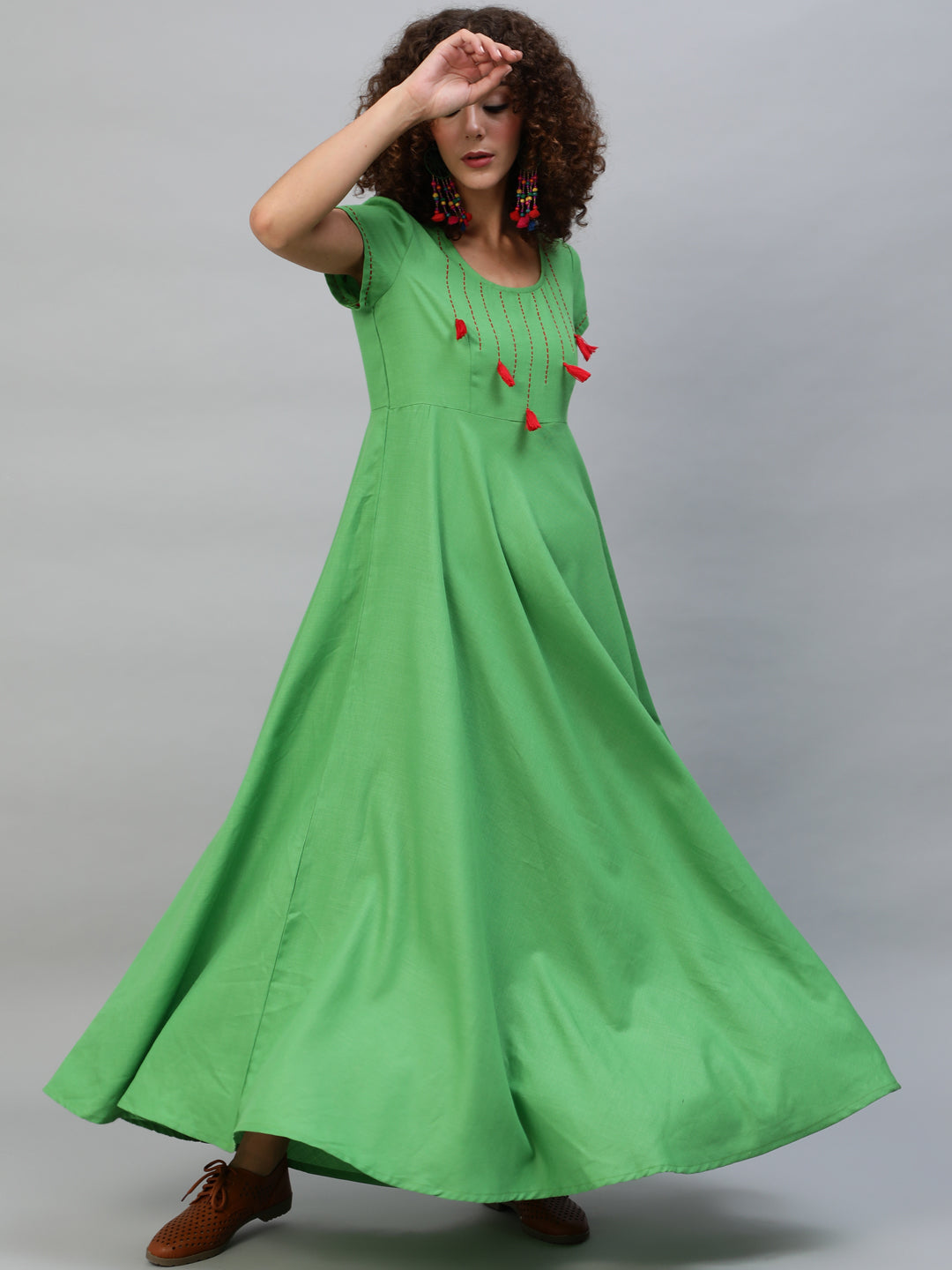 Women's Green Maxi Dress With Thread Worked Yoke - Aks