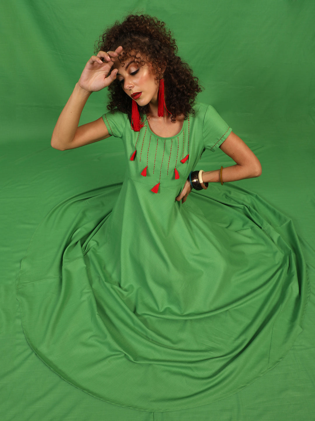 Women's Green Maxi Dress With Thread Worked Yoke - Aks