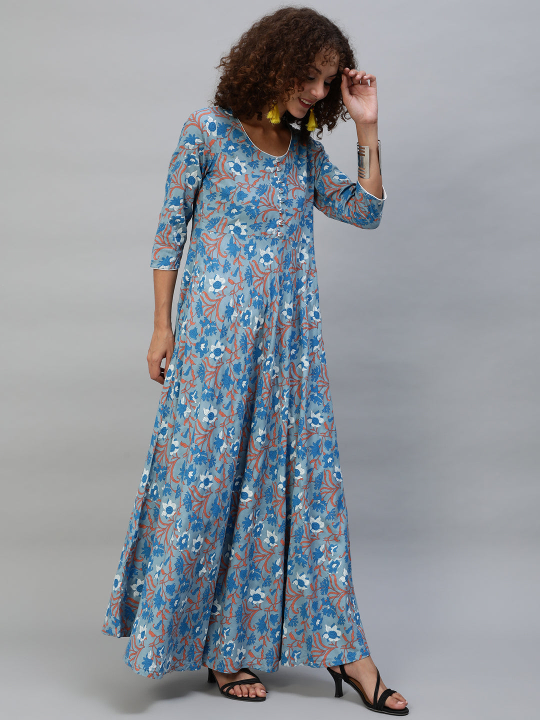 Women's Blue Floral Print Flared Maxi Dress - Aks