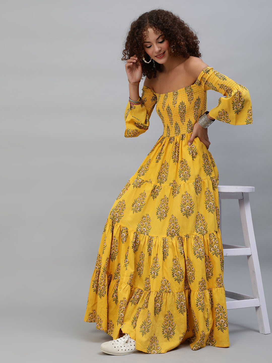 Women's Yellow Floral Print Off-Shoulder Tiered Maxi - Aks