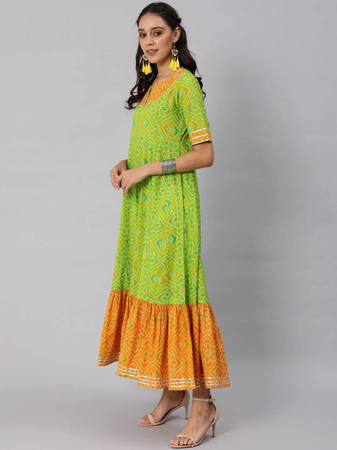 Women's Green Bandhani Print Flared Maxi Dress - Aks
