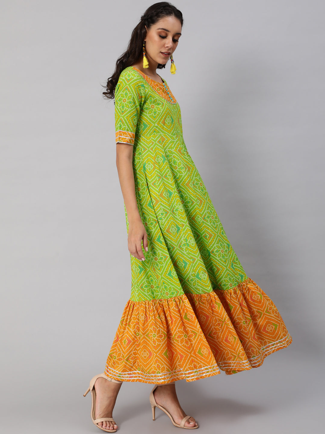 Women's Green Bandhani Print Flared Maxi Dress - Aks