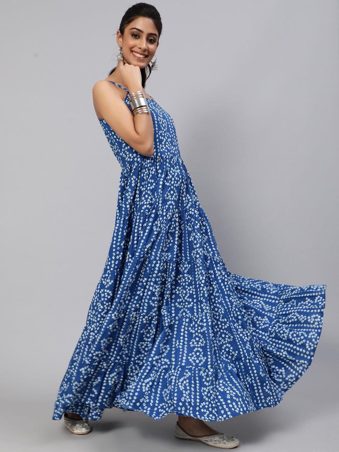 Women's Blue Bandhani Print Tiered Maxi Dress - Aks