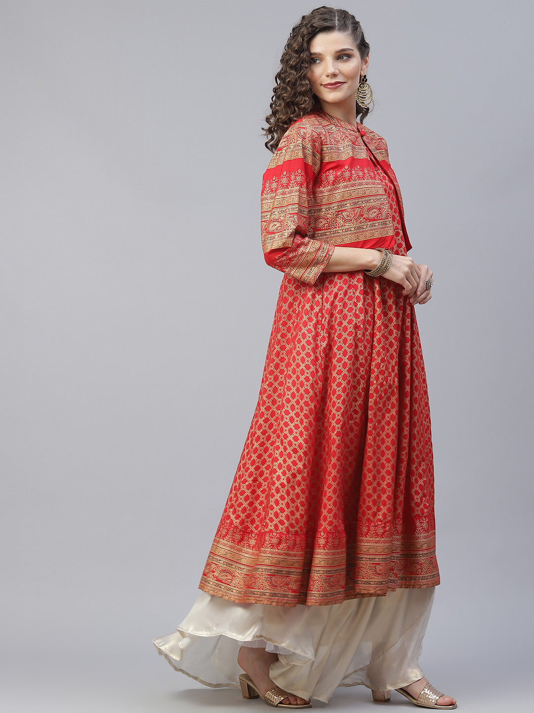 Women's Red Gold Print Anarkali With Jacket - Aks