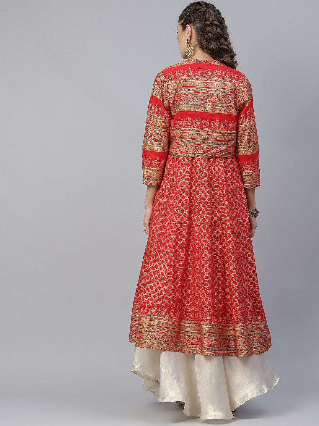Women's Red Gold Print Anarkali With Jacket - Aks