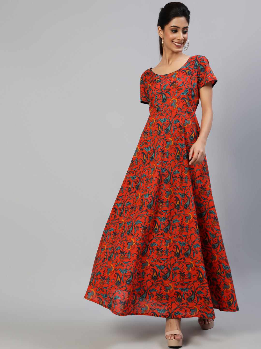 Women's Red Printed Flared Maxi Dress - Aks