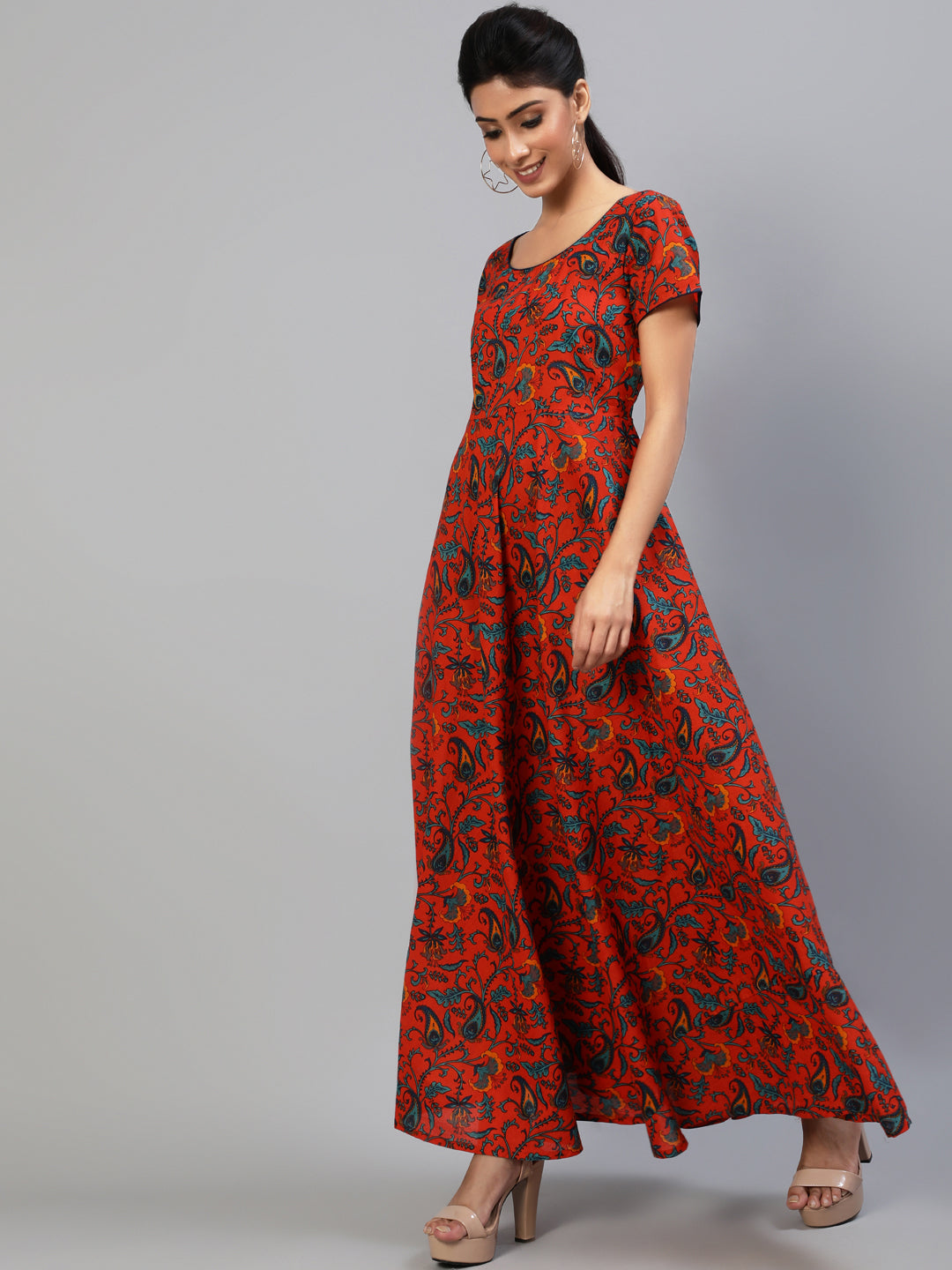Women's Red Printed Flared Maxi Dress - Aks