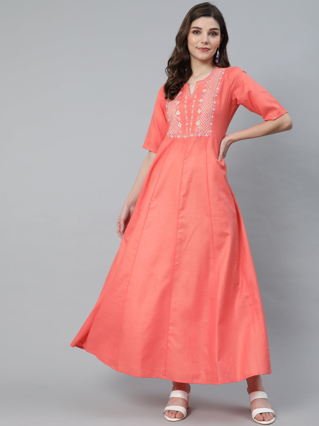 Women's Peach Embroidered Flared Maxi Dress - Aks