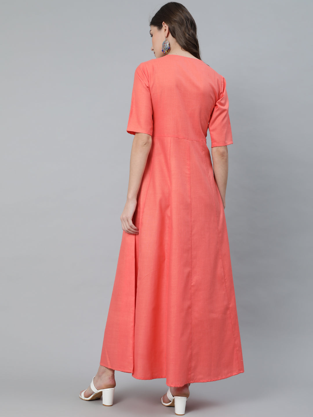 Women's Peach Embroidered Flared Maxi Dress - Aks