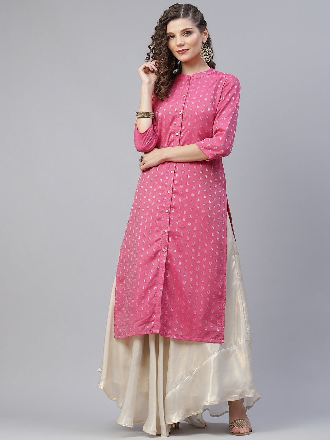Women's Pink Woven Designed Kurta - Aks