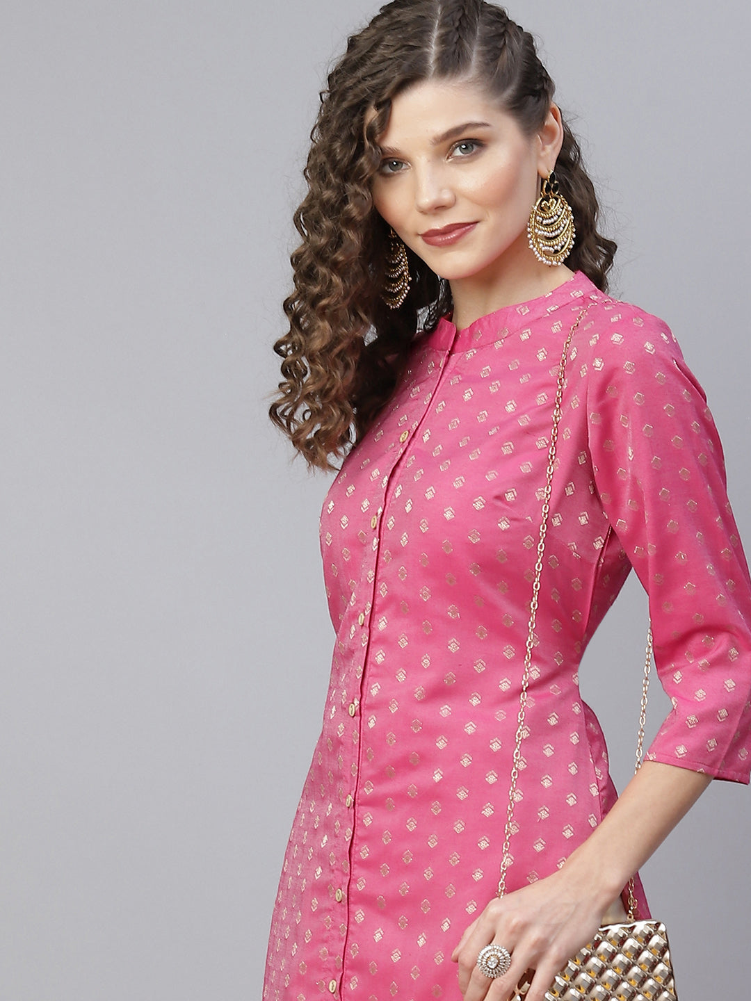 Women's Pink Woven Designed Kurta - Aks