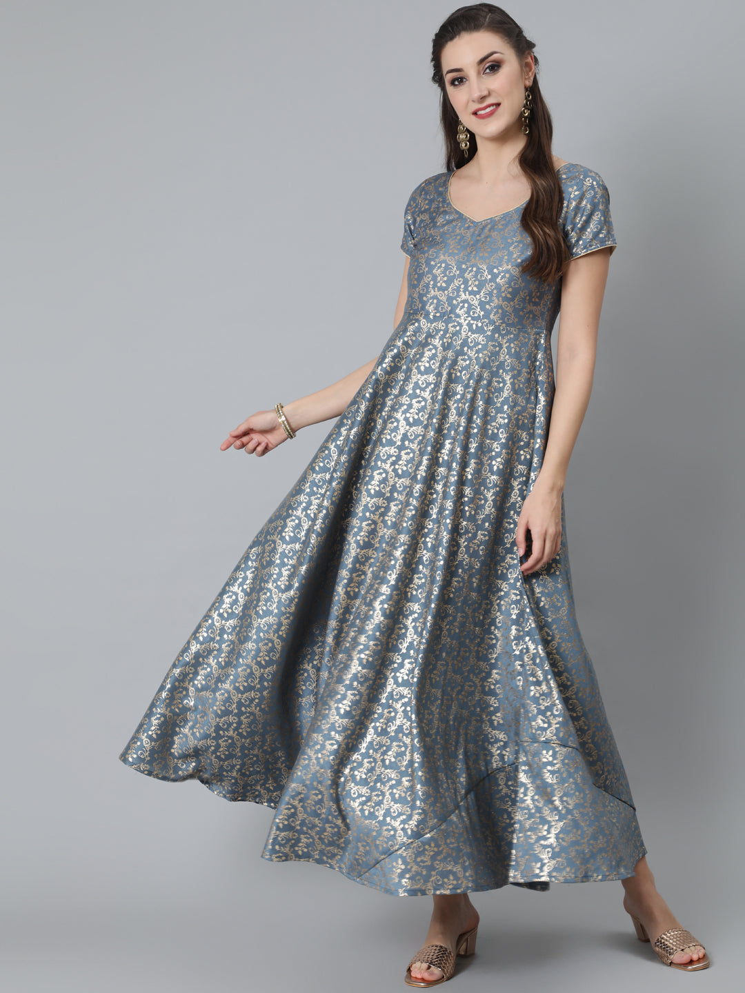 Women's Grey Foil Print Flared Dress - Aks