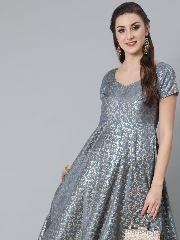 Women's Grey Foil Print Flared Dress - Aks
