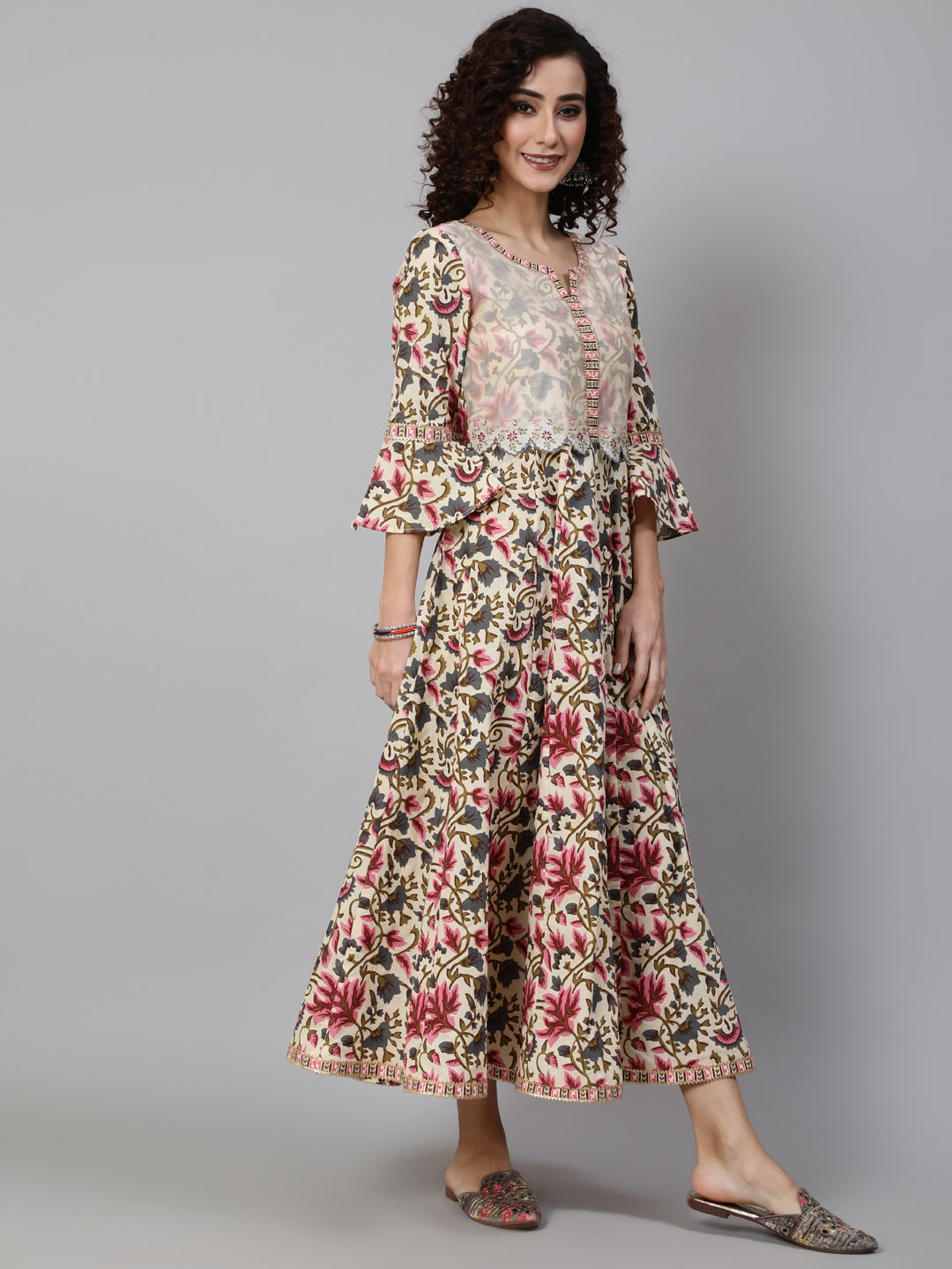 Women's Cream Floral Print Maxi Dress - Aks