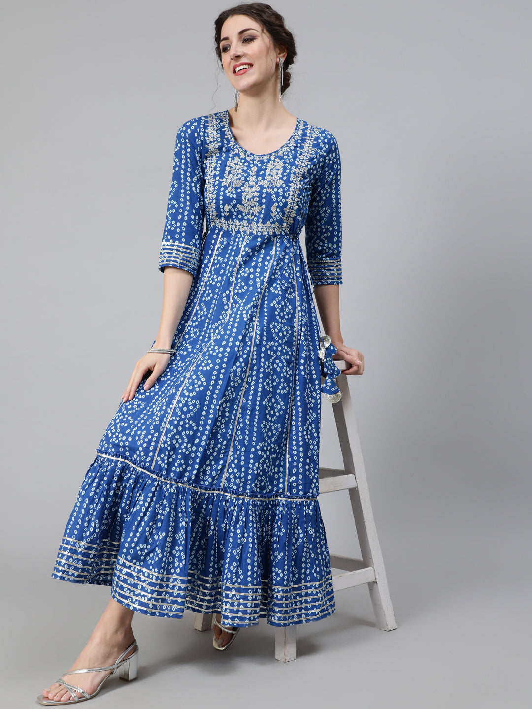 Women's Blue Bandhani Print Maxi Dress - Aks