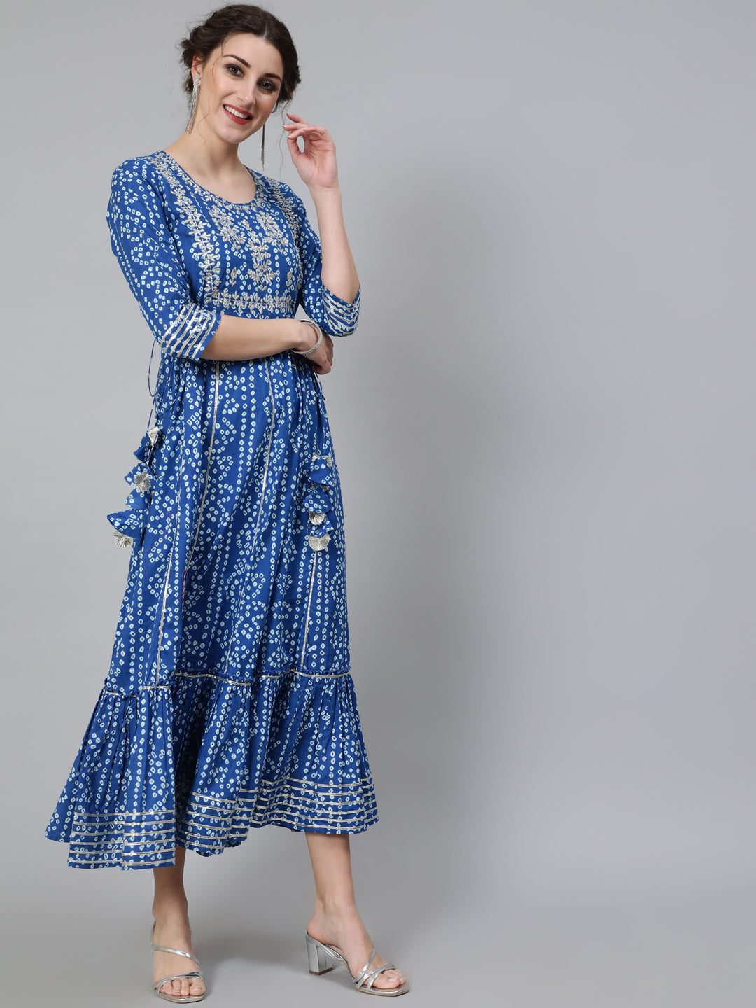 Women's Blue Bandhani Print Maxi Dress - Aks