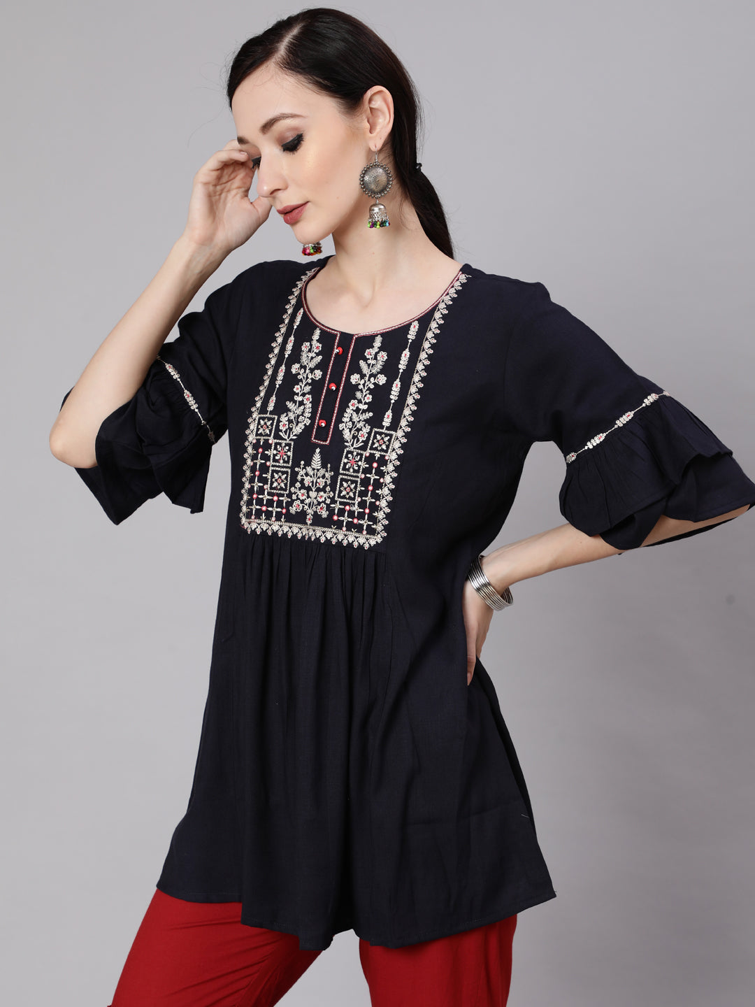 Women's Navy Blue Embroidered Tunic - Aks