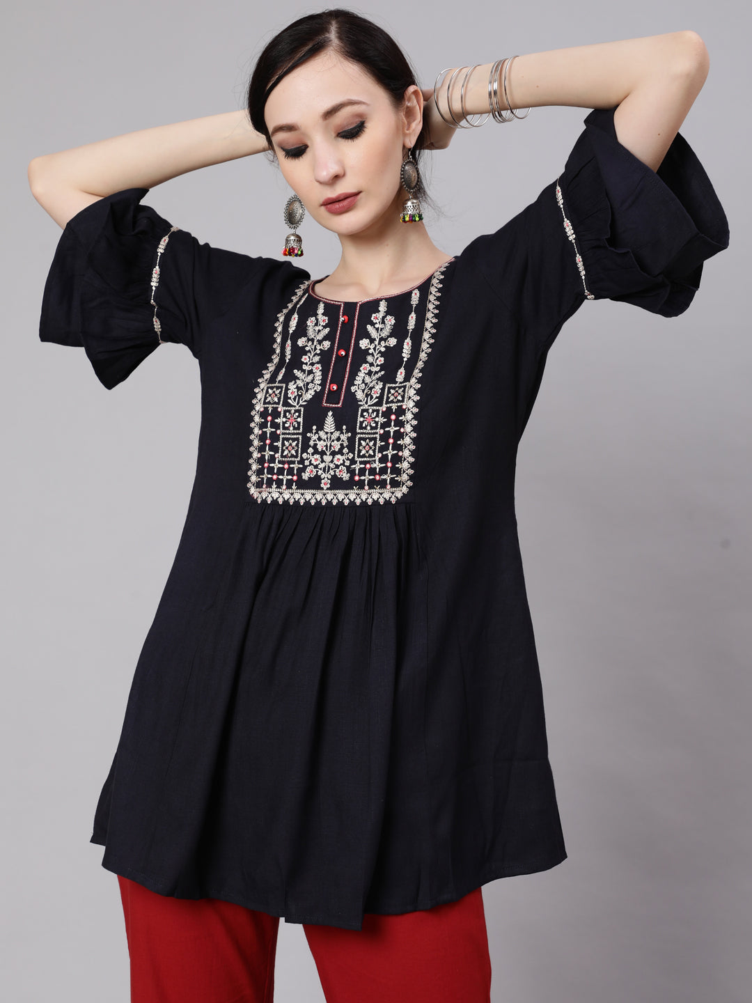 Women's Navy Blue Embroidered Tunic - Aks
