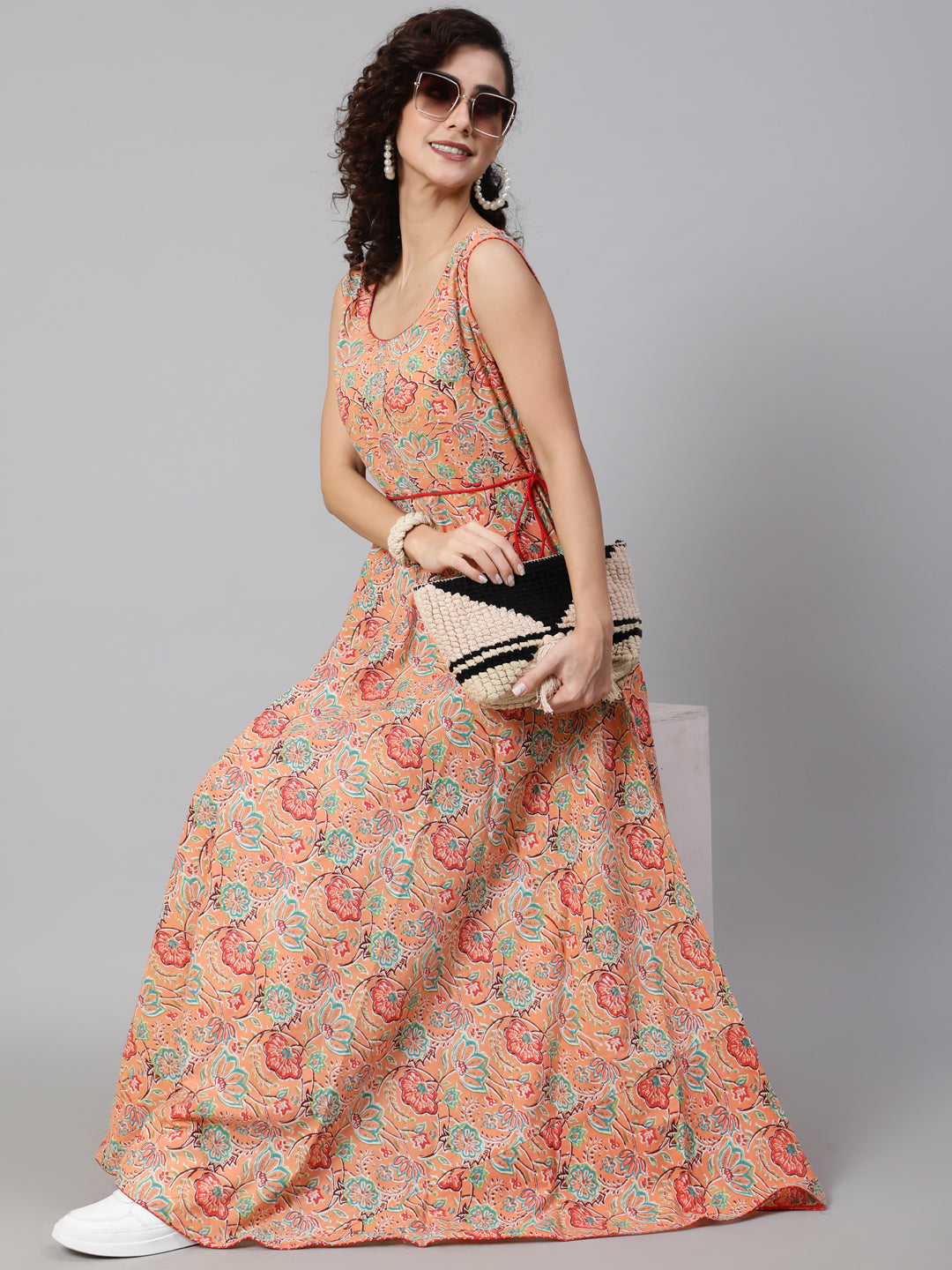 Women's Peach Floral Print Flared Maxi Dress - Aks