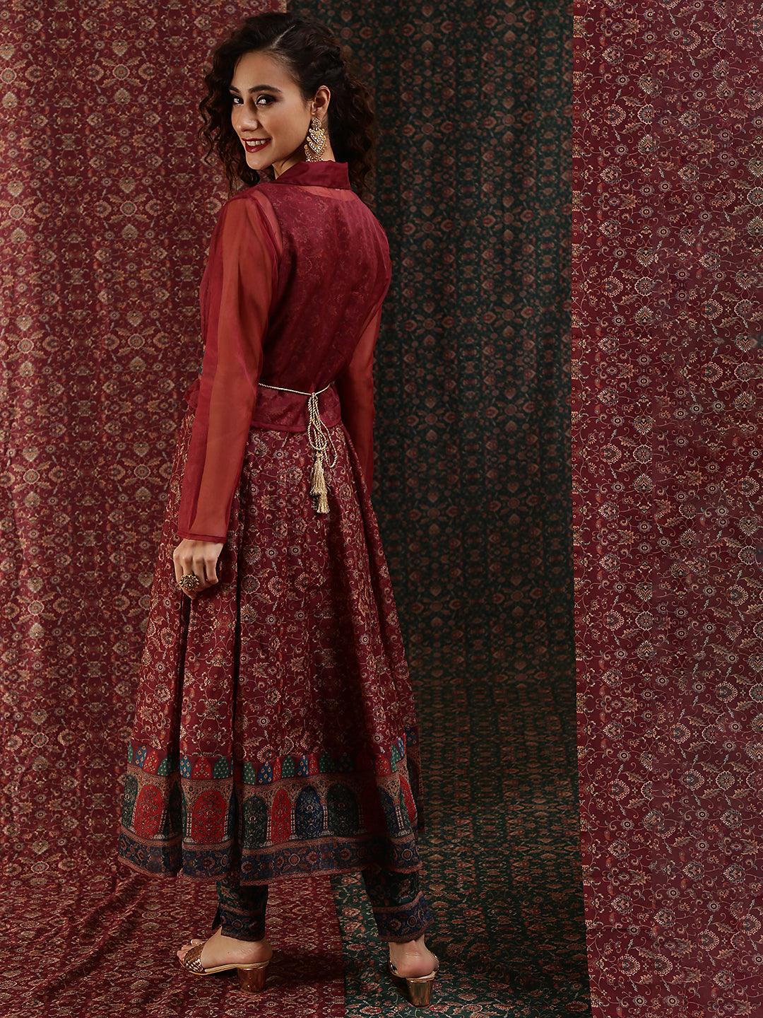 Women's Burgundy Print Anarkali With Jacket - Aks