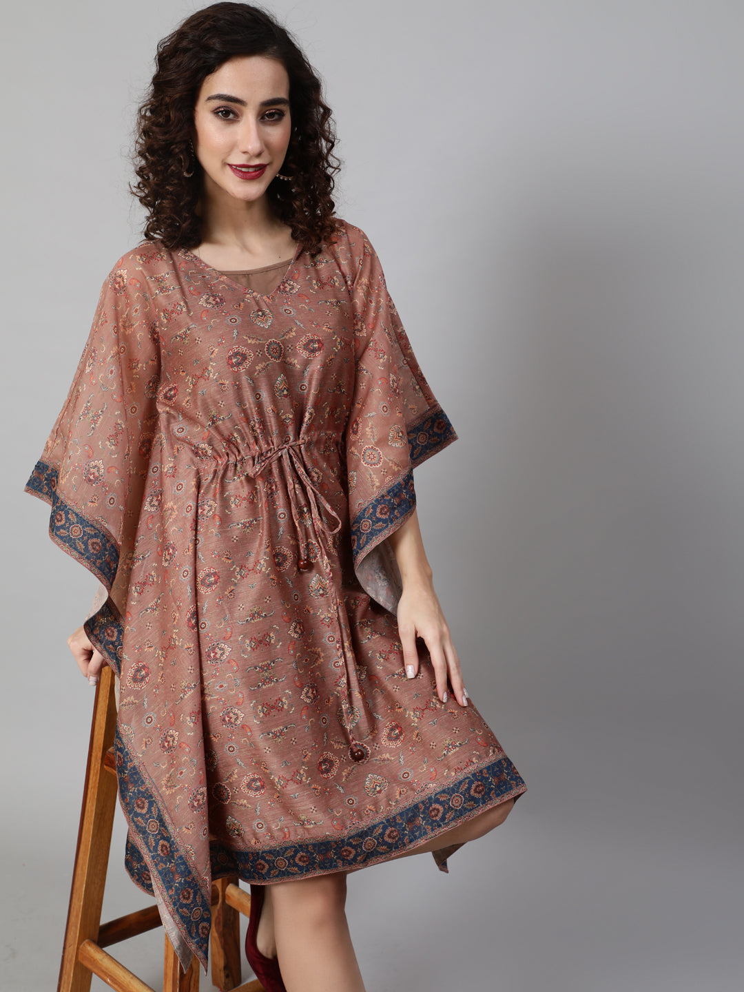 Women's Brown Printed Kaftan Dress - Aks