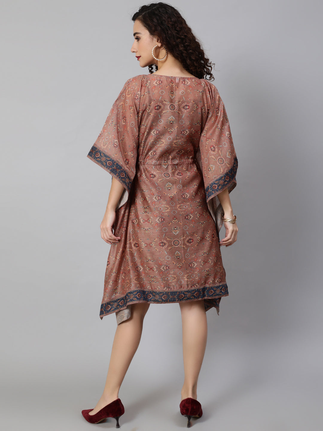 Women's Brown Printed Kaftan Dress - Aks