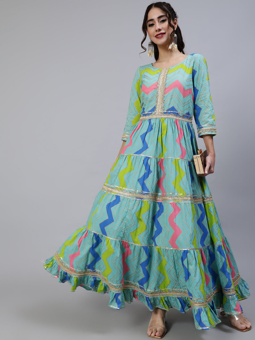 Women's Blue Leheriya Print Lace Work Tiered Maxi Dress - Aks