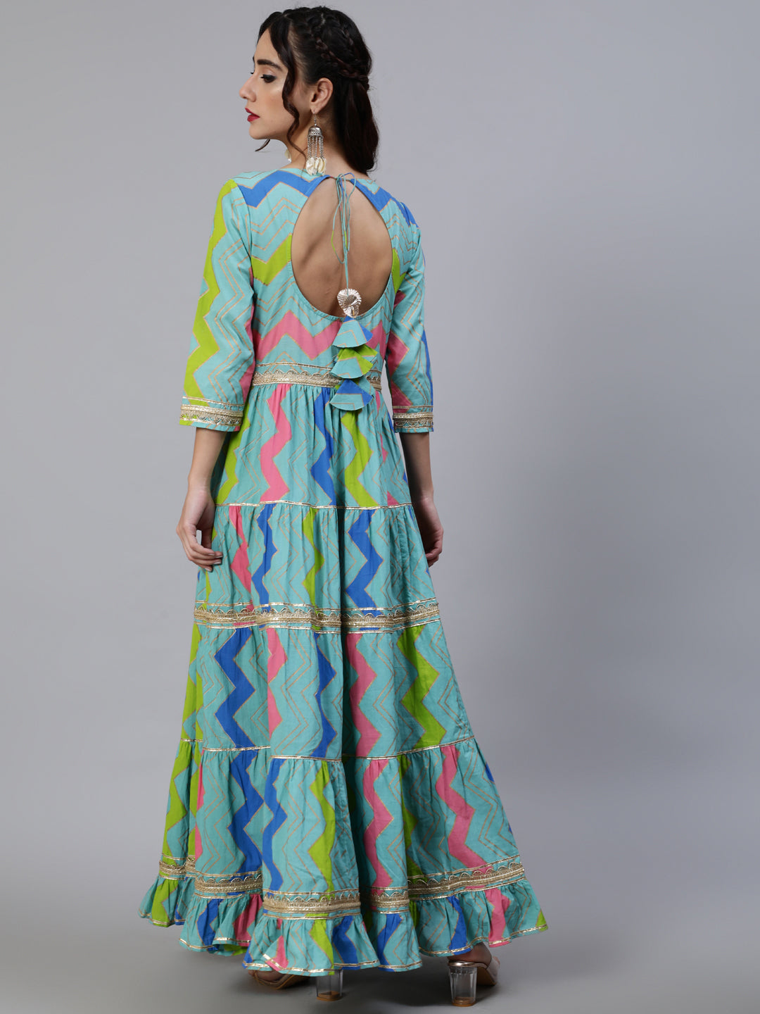 Women's Blue Leheriya Print Lace Work Tiered Maxi Dress - Aks