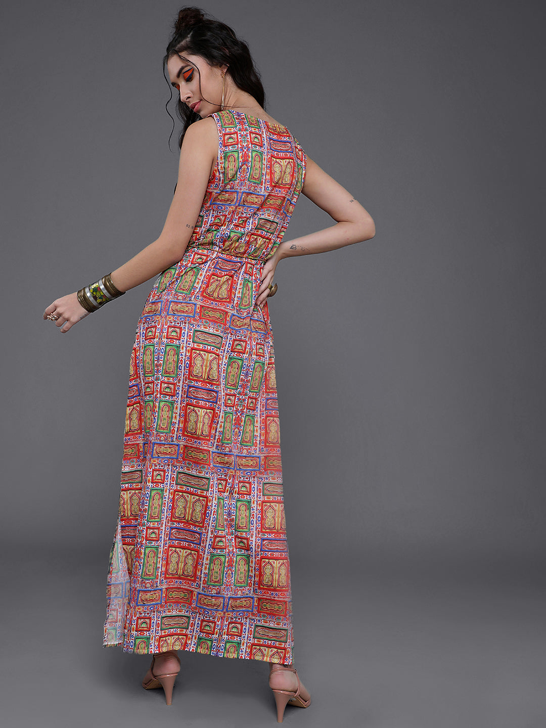 Women's Multicolor Printed Slit Maxi Dress - Aks