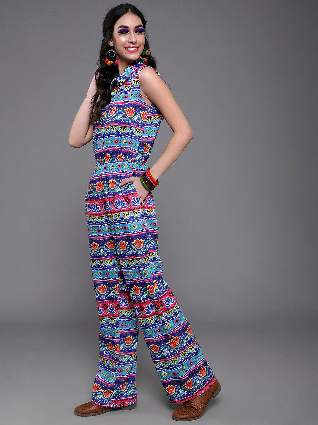 Women's Blue & Pink Floral Print Jumpsuit - Aks