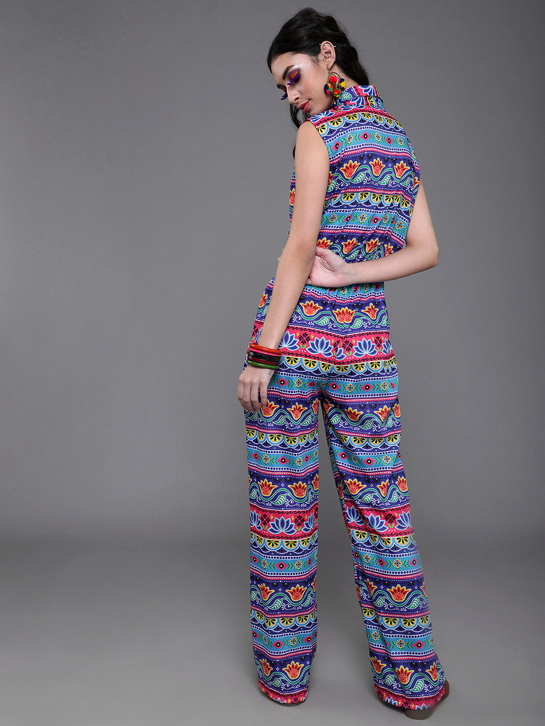 Women's Blue & Pink Floral Print Jumpsuit - Aks