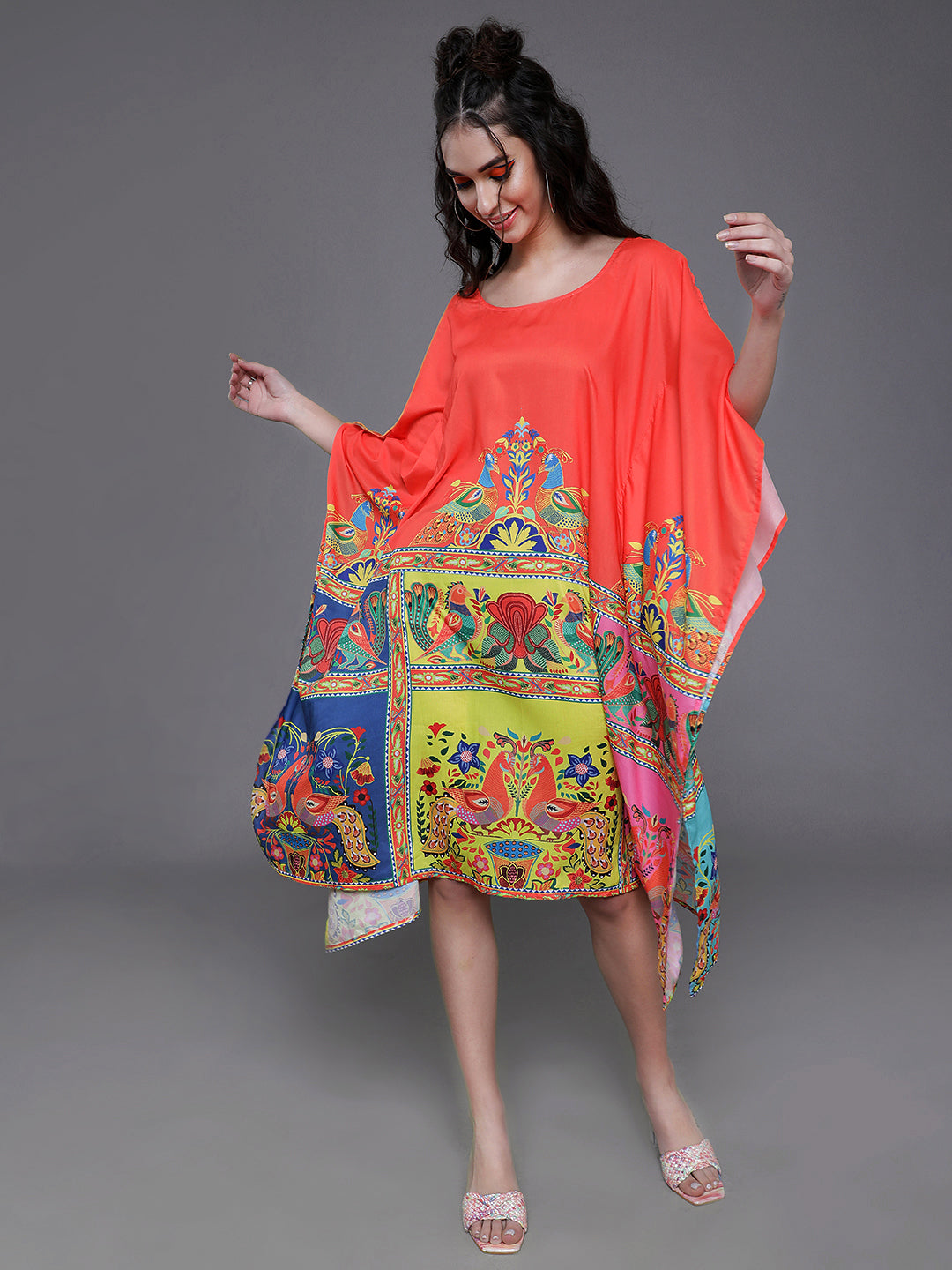 Women's Orange & Yellow Abstract Print Kaftan Dress - Aks