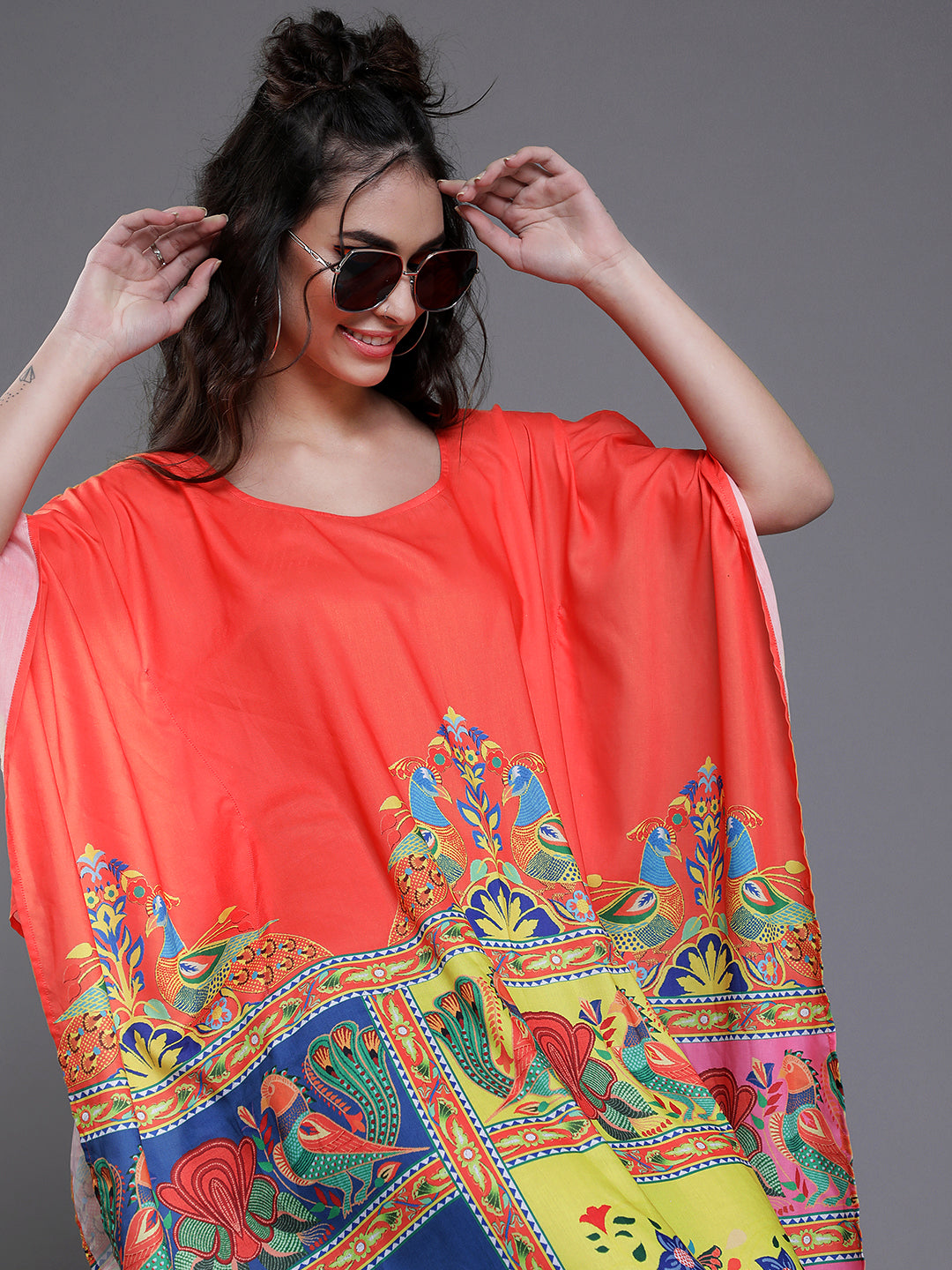 Women's Orange & Yellow Abstract Print Kaftan Dress - Aks