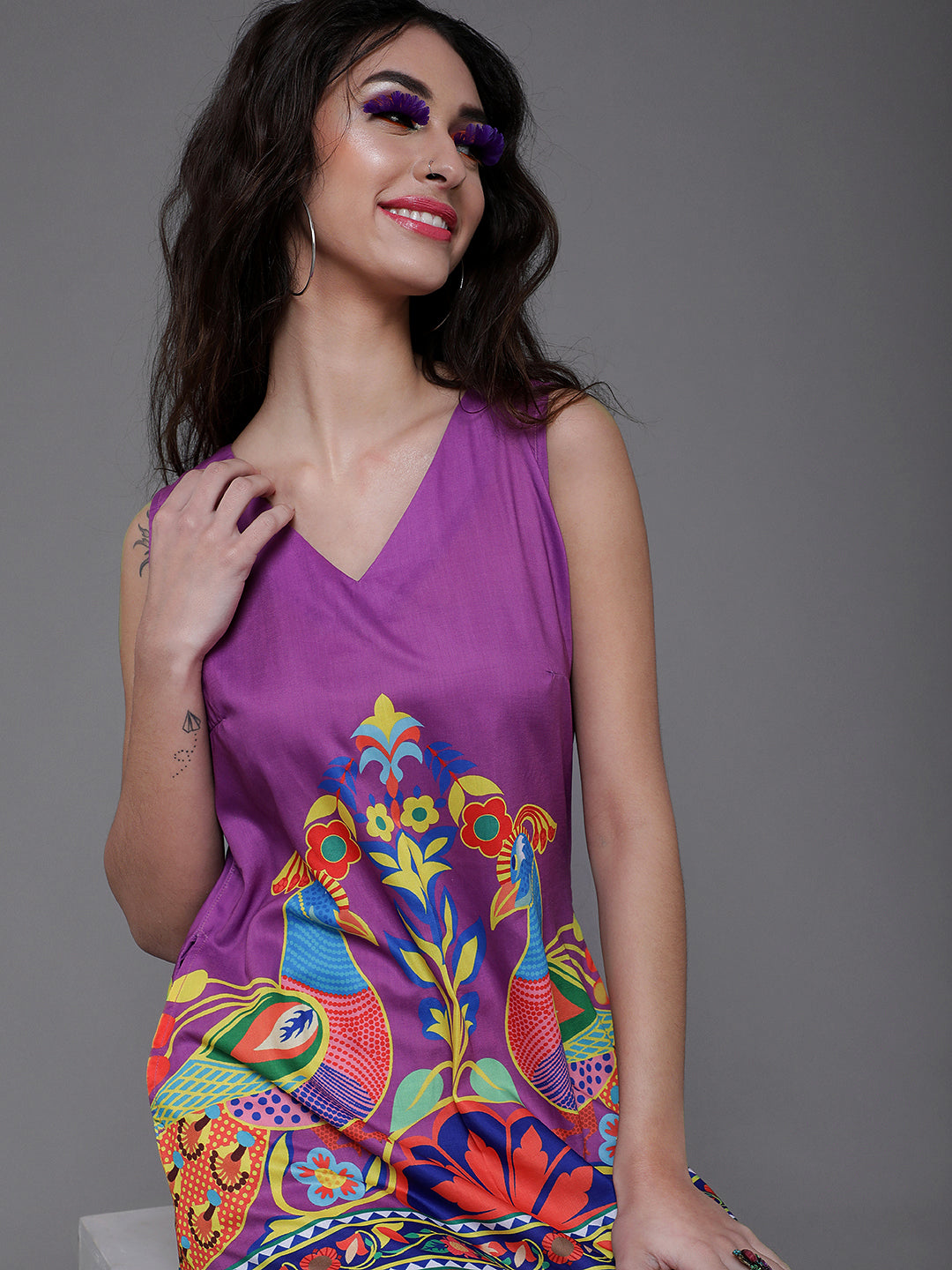 Women's Purple Abstract Print Shift Dress - Aks