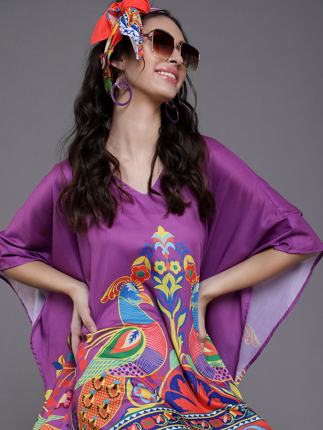 Women's Purple Abstract Print Kaftan Dress - Aks