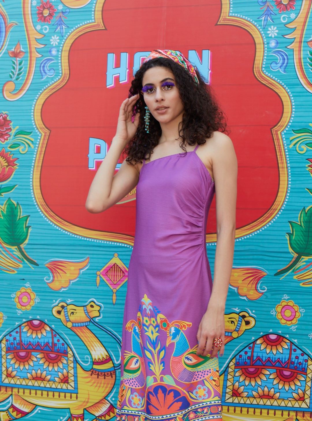 Women's Purple Abstract Print Slit Maxi Dress - Aks