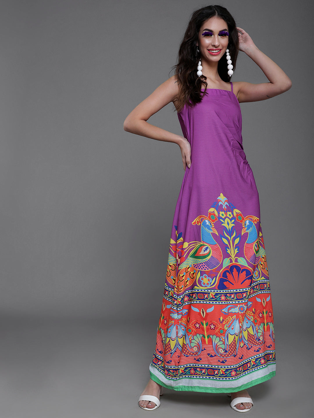 Women's Purple Abstract Print Slit Maxi Dress - Aks