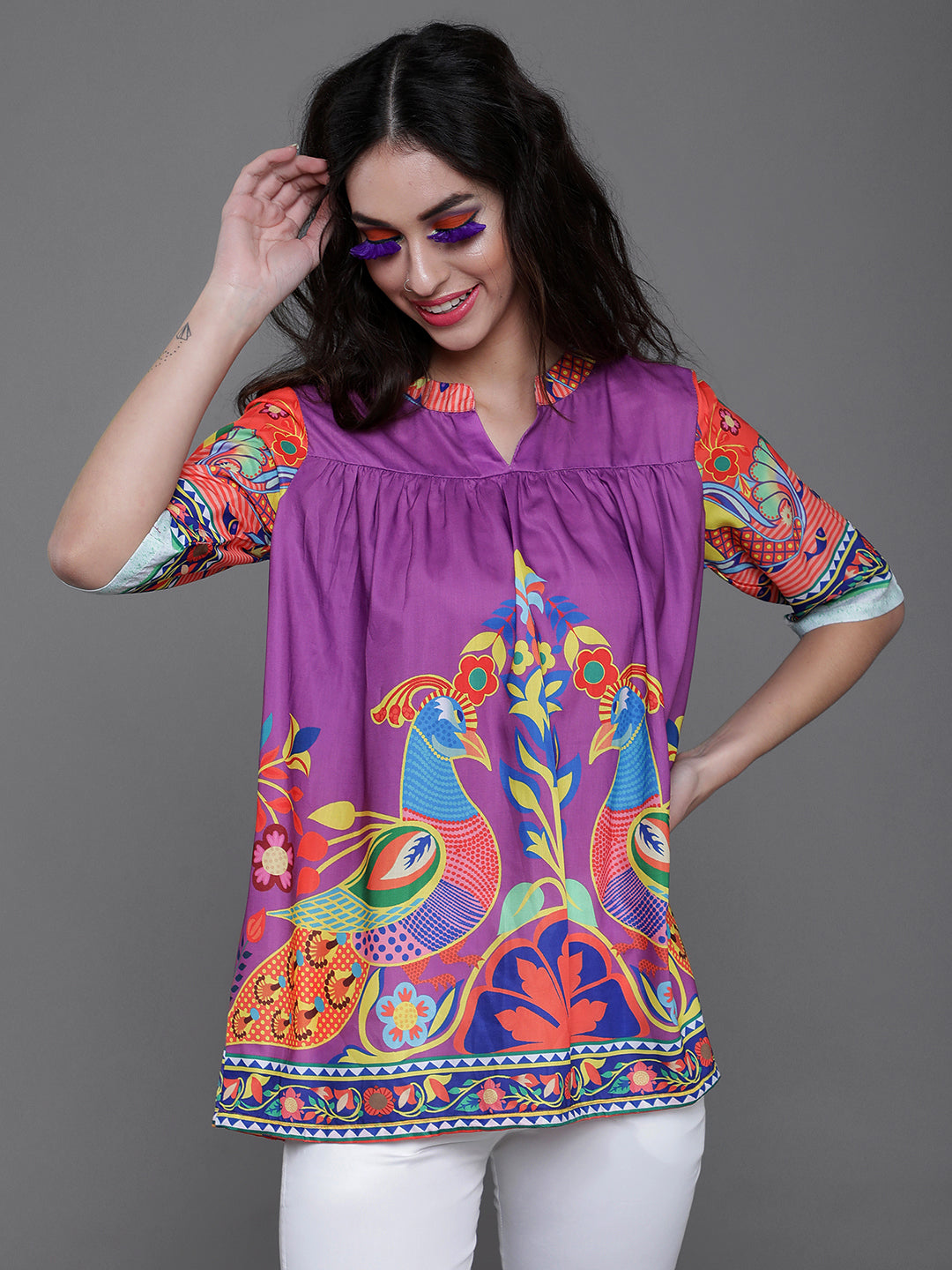 Women's Purple Abstract Print Tunic - Aks