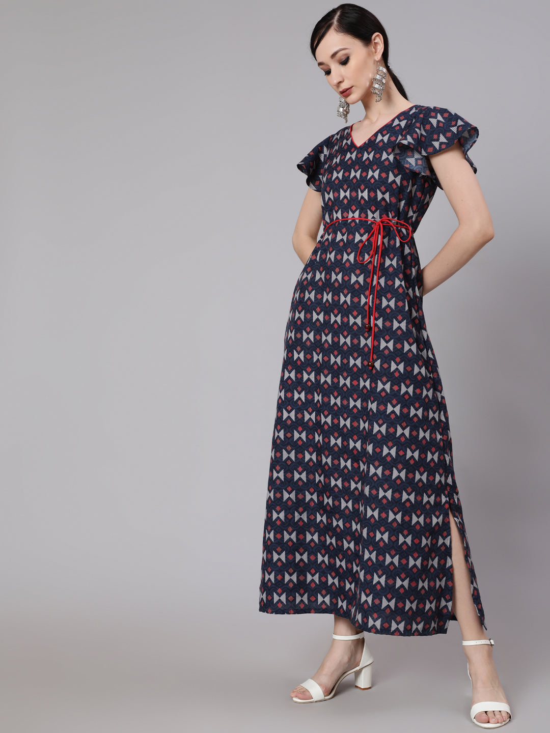 Women's Blue & Maroon Printed Side Slit Maxi Dress - Aks