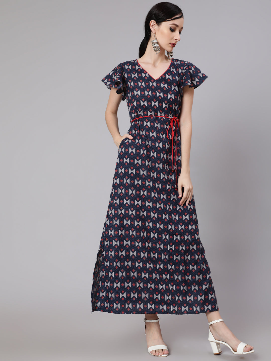 Women's Blue & Maroon Printed Side Slit Maxi Dress - Aks