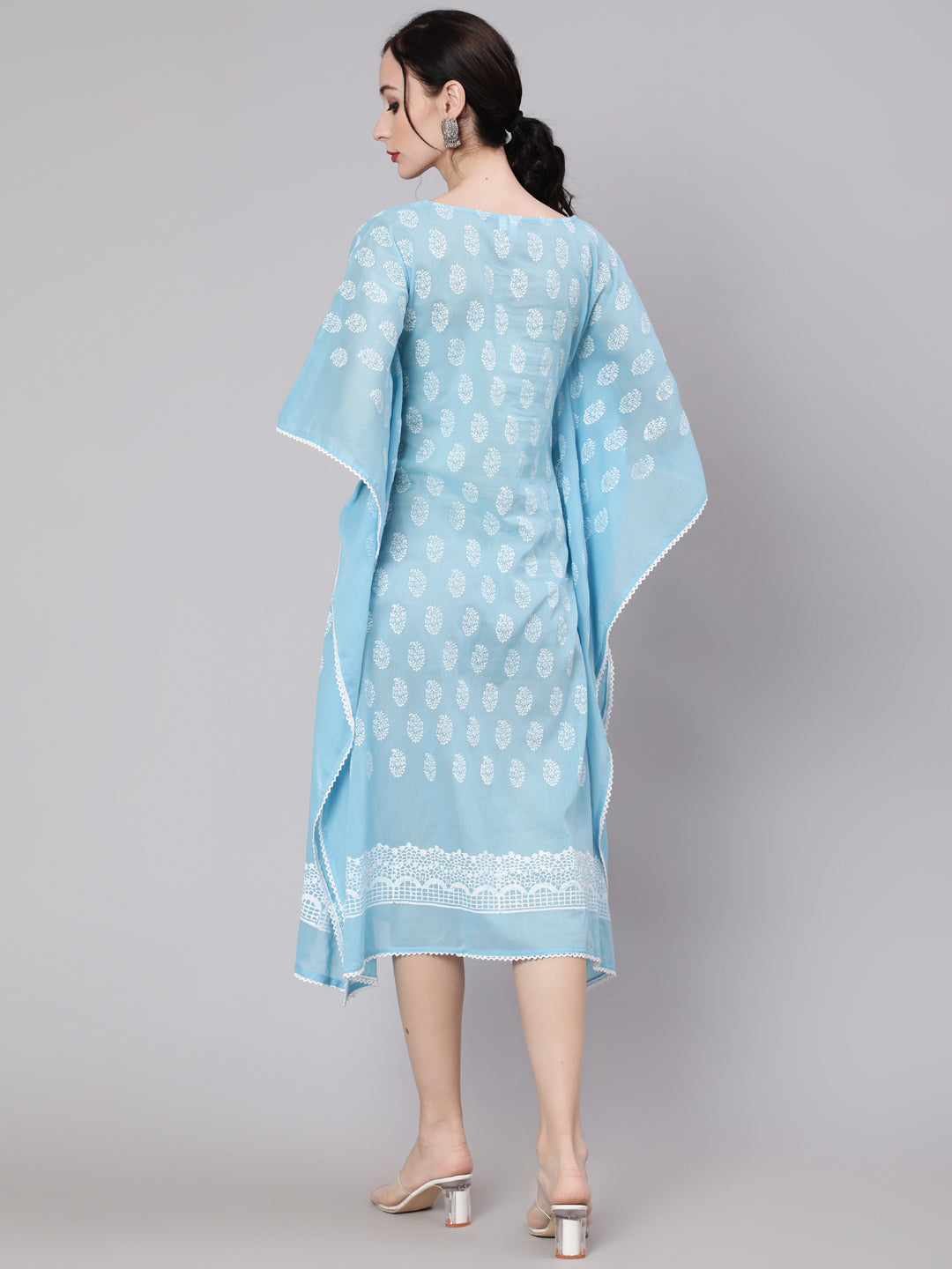 Women's Blue Hand Block Print Kaftan Dress - Aks
