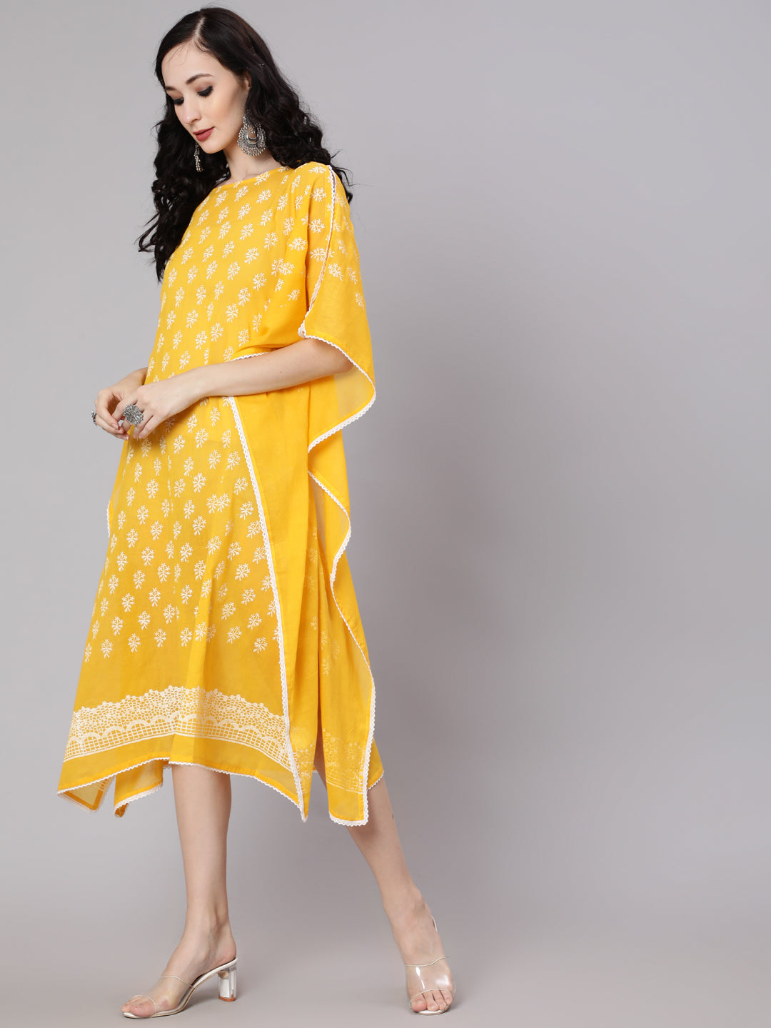 Women's Yellow Hand Block Printed Kaftan Dress - Aks