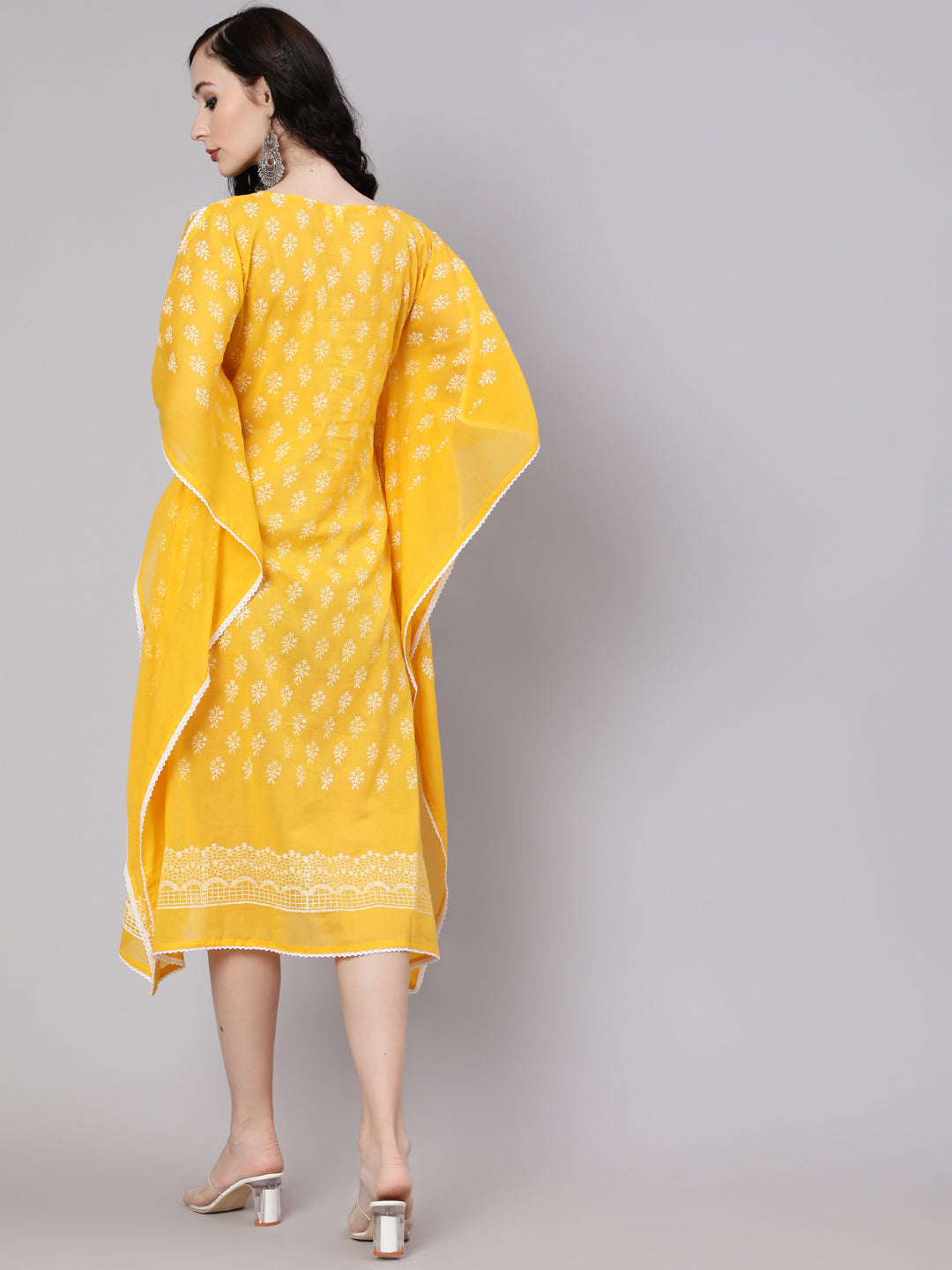 Women's Yellow Hand Block Printed Kaftan Dress - Aks